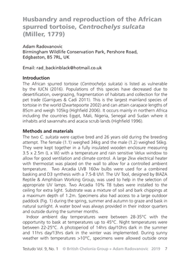 Husbandry and Reproduction of the African Spurred Tortoise, Centrochelys Sulcata (Miller, 1779)