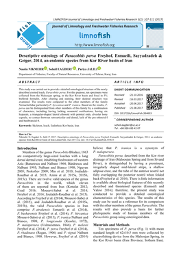 Descriptive Osteology of Paracobitis Persa Freyhof, Esmaeili, Sayyadzadeh & Geiger, 2014, an Endemic Species from Kor River Basin of Iran