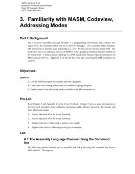 3. Familiarity with MASM, Codeview, Addressing Modes