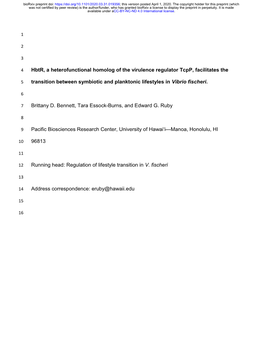 Hbtr, a Heterofunctional Homolog of the Virulence Regulator Tcpp, Facilitates the Transition Between Symbiotic and Planktonic Li