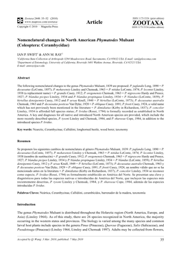 Zootaxa, Nomenclatural Changes in North American Phymatodes Mulsant