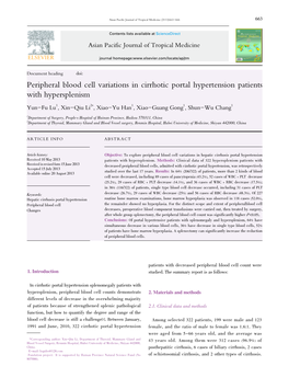 Peripheral Blood Cell Variations in Cirrhotic Portal Hypertension Patients with Hypersplenism Yun-Fu Lu1, Xin-Qiu Li2*, Xiao-Yu Han1, Xiao-Guang Gong1, Shun-Wu Chang1