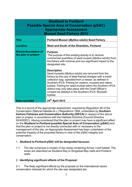 Studland to Portland Possible Special Area of Conservation (Psac) Appropriate Assessment Mussel Seed Fishery 2012