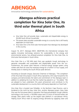 Abengoa Achieves Practical Completion for Xina Solar One, Its Third Solar Thermal Plant in South Africa