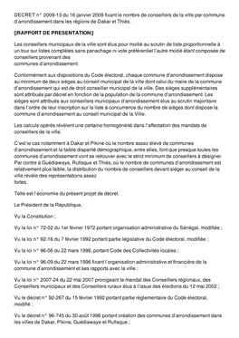 DECRET N° 2009-13 Du 16 Janvier 2009 Fixant Le Nombre De Conseillers De La Ville Par Commune D’Arrondissement Dans Les Régions De Dakar Et Thiès