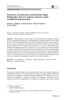 Fixed Prey Cue Preferences Among Dusky Pigmy Rattlesnakes (Sistrurus Miliarius Barbouri) Raised on Different Long-Term Diets