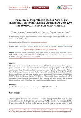 First Record of the Protected Species Pinna Nobilis (Linnaeus, 1758) in the Aquatina Lagoon (NATURA 2000 Site IT9150003, South-East Italian Coastline)