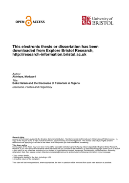 This Electronic Thesis Or Dissertation Has Been Downloaded from Explore Bristol Research