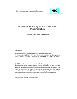 Ab Initio Molecular Dynamics: Theory and Implementation