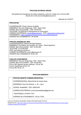 PROCONS DE MINAS GERAIS Na Hipótese De Divergência Dos Dados Cadastrais, Entre Em Contato Com O Procon-MG Através Do E-Mail P