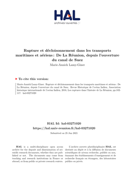 Rupture Et Décloisonnement Dans Les Transports Maritimes Et Aériens : De La Réunion, Depuis L’Ouverture Du Canal De Suez Marie-Annick Lamy-Giner