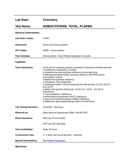 Lab Dept: Chemistry Test Name: HOMOCYSTEINE, TOTAL, PLASMA