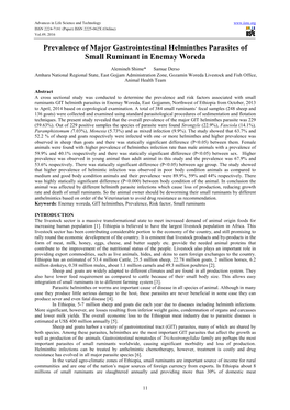 Prevalence of Major Gastrointestinal Helminthes Parasites of Small Ruminant in Enemay Woreda