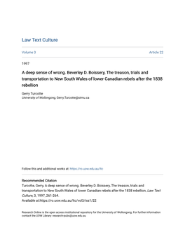 A Deep Sense of Wrong. Beverley D. Boissery, the Treason, Trials and Transportation to New South Wales of Lower Canadian Rebels After the 1838 Rebellion