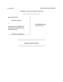 No. 132P18-2 TENTH JUDICIAL DISTRICT SUPREME COURT of NORTH CAROLINA ******************************** BETH DESMOND, ) from Wake