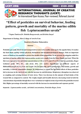 Effect of Pesticides on Survival Behavior, Feeding Pattern, Growth and Mortality of the Marine Edible
