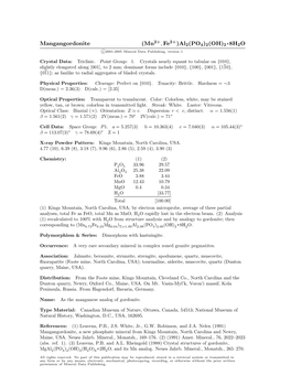 Mangangordonite (Mn , Fe )Al2(PO4)2(OH)2 • 8H2O C 2001-2005 Mineral Data Publishing, Version 1