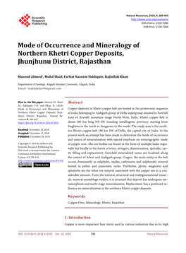 Mode of Occurrence and Mineralogy of Northern Khetri Copper Deposits, Jhunjhunu District, Rajasthan