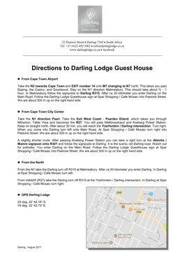 Directions to Darling Lodge Guest House