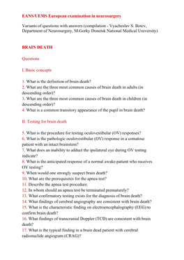 EANS/UEMS European Examination in Neurosurgery Variants of Questions with Answers (Compilation