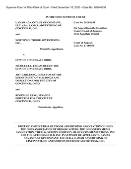 IN the OHIO SUPREME COURT LAMAR ADVANTAGE GP COMPANY, LLC, D.B.A. LAMAR ADVERTISING of CINCINNATI, OH, and NORTON OUTDOOR