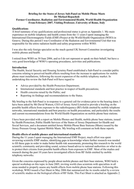 Briefing for the States of Jersey Sub-Panel on Mobile Phone Masts Dr Michael Repacholi Former Coordinator, Radiation and Environ