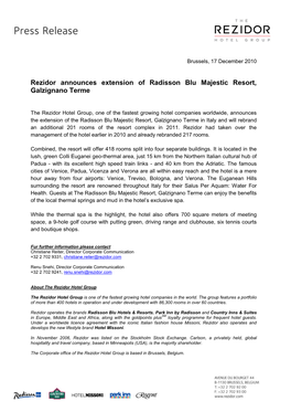 Rezidor Announces Extension of Radisson Blu Majestic Resort, Galzignano Terme