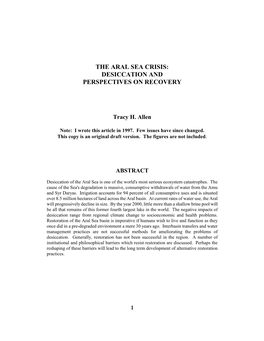 The Aral Sea Crisis: Desiccation and Perspectives on Recovery