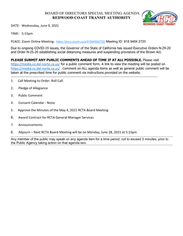 Board of Directors Special Meeting Agenda Redwood Coast Transit Authority