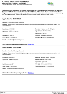 PLANNING APPLICATIONS REGISTERED Weekly List for 01/02/2021 to 05/02/2021 Listed by Ward, Then Parish, Then Application Number Order