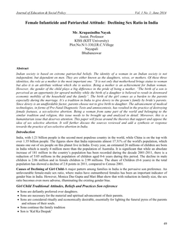 Female Infanticide and Patriarchal Attitude: Declining Sex Ratio in India
