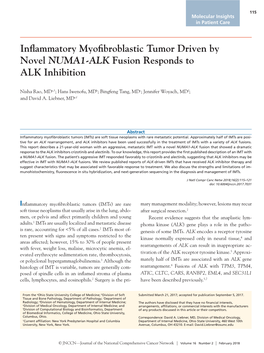 Inflammatory Myofibroblastic Tumor Driven by Novel NUMA1-ALK Fusion Responds to ALK Inhibition