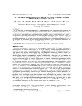 Prevalence of Subclinical Mastitis in Lactating Cows and Efficacy of Intramammary Infusion Therapy