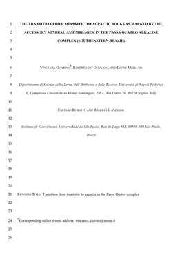 The Transition from Miaskitic to Agpaitic Rocks As Marked by the 1 Accessory Mineral Assemblages, in the Passa Quatro Alkaline 2