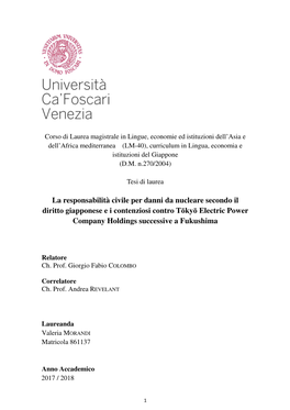 La Responsabilità Civile Per Danni Da Nucleare Secondo Il Diritto Giapponese E I Contenziosi Contro Tōky Ō Electric Power Company Holdings Successive a Fukushima