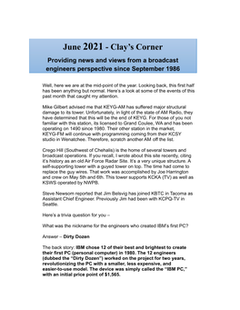 Clay's Corner for June 2021