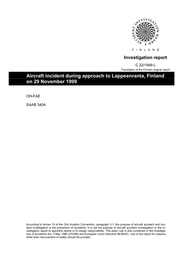 Aircraft Incident During Approach to Lappeenranta, Finland on 29 November 1999