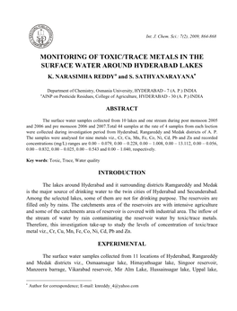 Monitoring of Toxic/Trace Metals in the Surface Water Around Hyderabad Lakes K