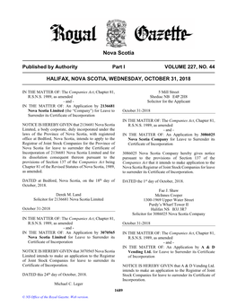 NS Royal Gazette Part I