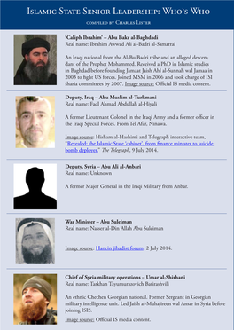 Islamic State Senior Leadership: Who›S Who Compiled by Charles Lister