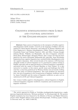 Cognitive Ethnolinguistics from Lublin and Cultural Linguistics in the English-Speaking Context∗