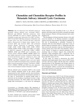 Chemokine and Chemokine Receptor Profiles in Metastatic Salivary Adenoid Cystic Carcinoma ASHLEY C
