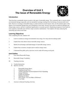 Overview of Unit 3 the Issue of Renewable Energy