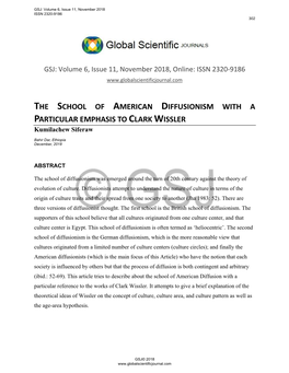 THE SCHOOL of AMERICAN DIFFUSIONISM with a PARTICULAR EMPHASIS to CLARK WISSLER Kumilachew Siferaw