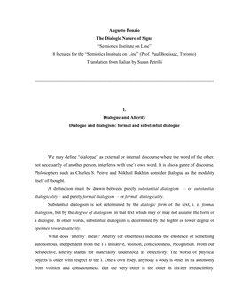 Augusto Ponzio the Dialogic Nature of Signs “Semiotics Institute on Line” 8 Lectures for the “Semiotics Institute on Line” (Prof