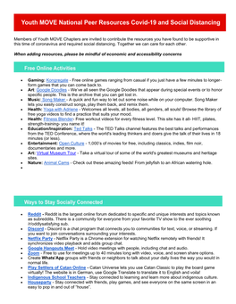 Members of Youth MOVE Chapters Are Invited to Contribute the Resources You Have Found to Be Supportive in This Time of Coronavirus and Required Social Distancing