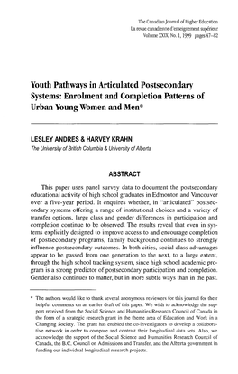 Youth Pathways in Articulated Postsecondary Systems: Enrolment and Completion Patterns of Urban Young Women and Men*