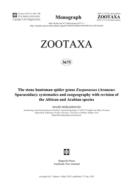 The Stone Huntsman Spider Genus Eusparassus (Araneae: Sparassidae): Systematics and Zoogeography with Revision of the African and Arabian Species