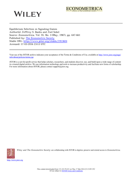 Equilibrium Selection in Signaling Games Author(S): Jeffrey S