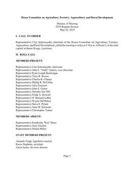 House Committee on Agriculture, Forestry, Aquaculture, and Rural Development Minutes of Meeting 2019 Regular Session May 22